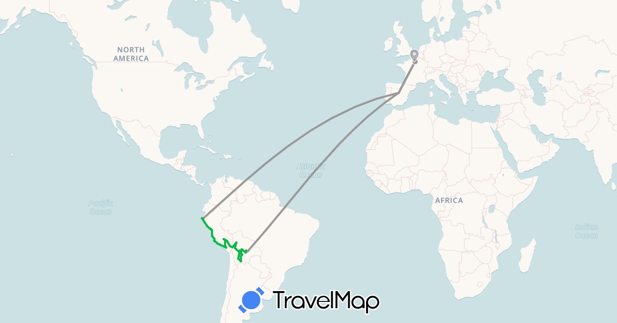 TravelMap itinerary: driving, bus, plane in Bolivia, Spain, France, Peru (Europe, South America)